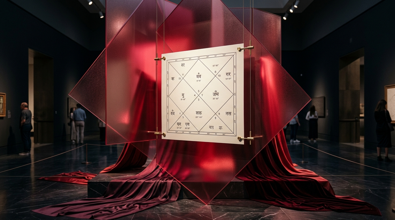 Ruby tinted glass and ivory Kundli chart artwork